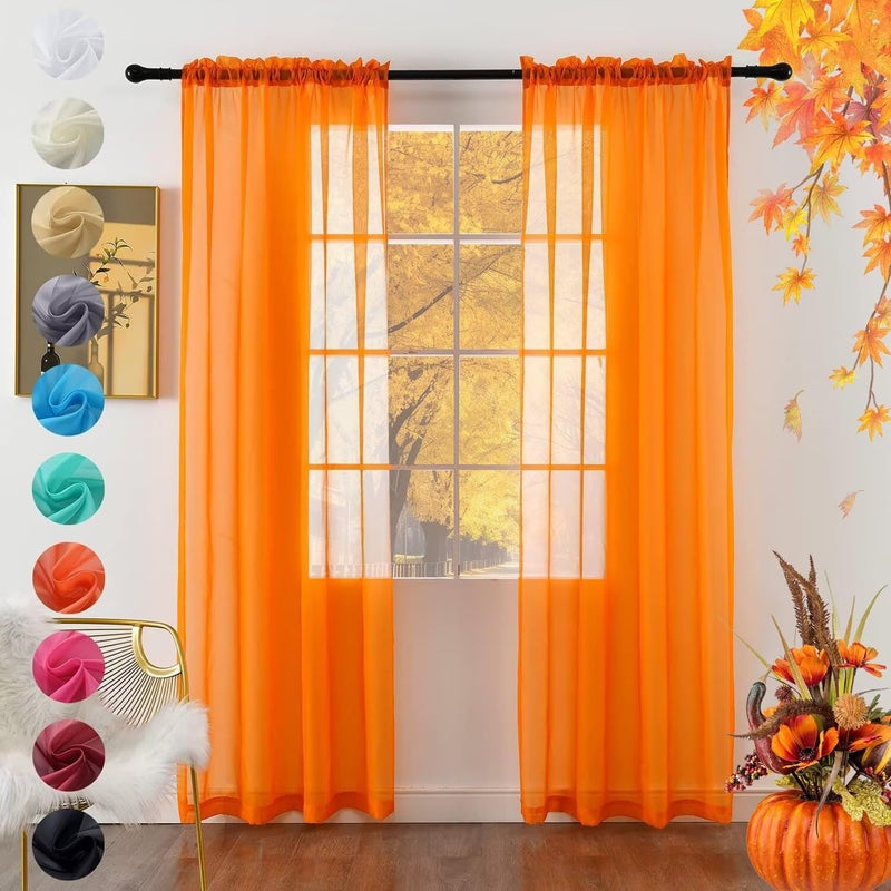 youleyar Solid Sheer Rod Pocket Curtain Voile Draperies 2 Panels White Beige Black Grey Coffee 52 Inch Width 84 Inch Long 1 Pair for Kitchen Bedroom Children Living Room Yard (Orange,52Wï½˜84L) - Image 1