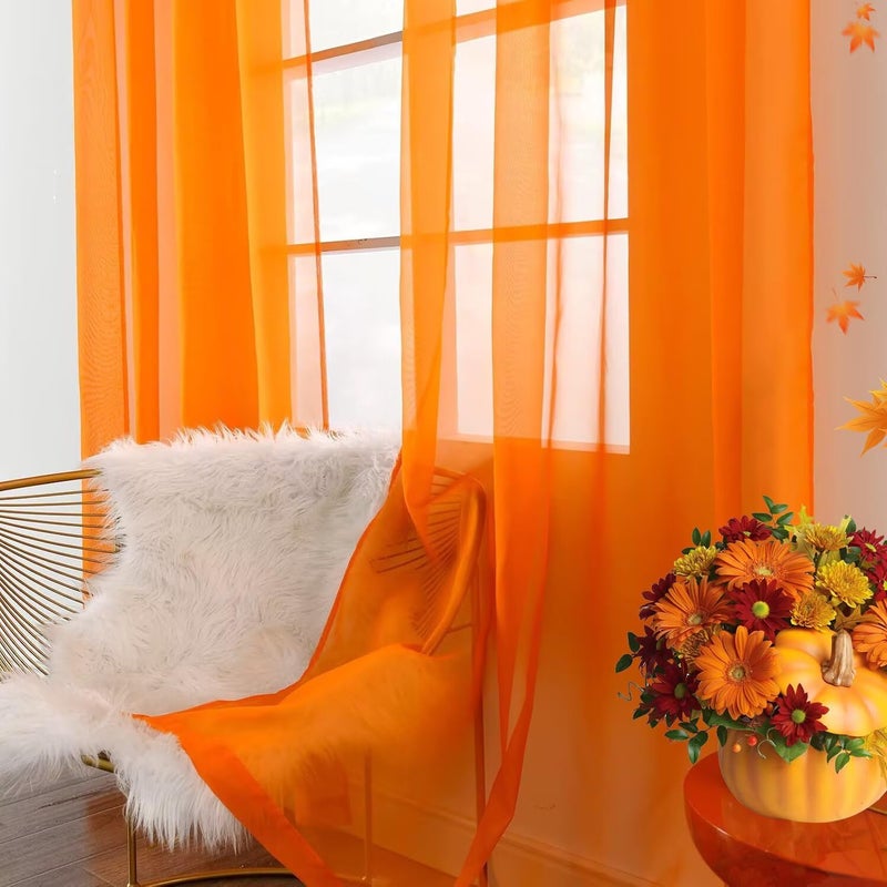 youleyar Solid Sheer Rod Pocket Curtain Voile Draperies 2 Panels White Beige Black Grey Coffee 52 Inch Width 84 Inch Long 1 Pair for Kitchen Bedroom Children Living Room Yard (Orange,52Wï½˜84L) - Image 2