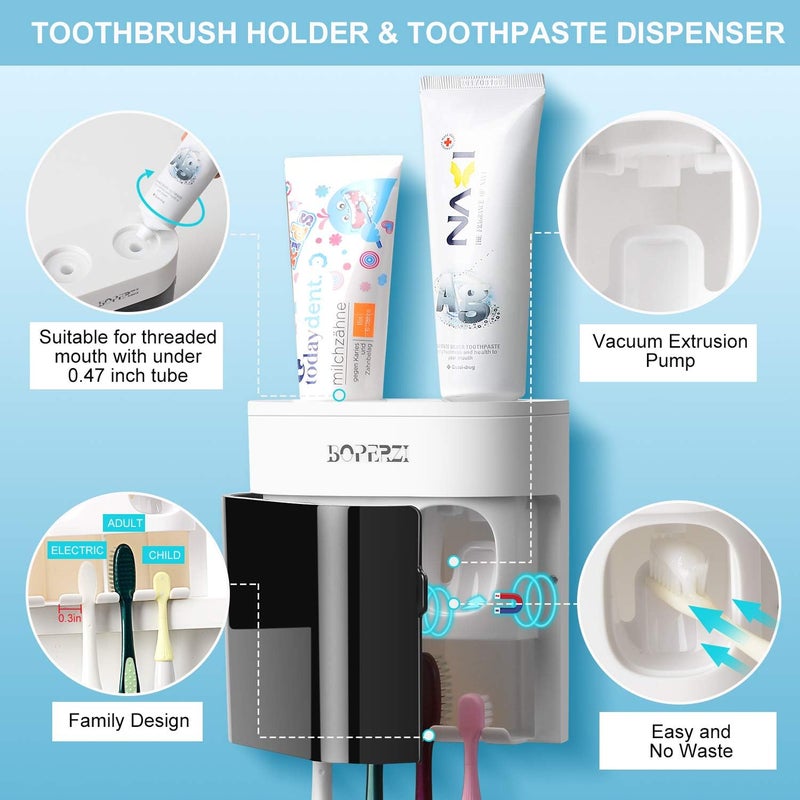 Boperzi Dustproof Cover Toothbrush Holder Wall Mounted Automatic Dispenser for Shower Bathroom Set with 2 Toothpaste Squeezers(No Electric, No Light) - Image 3