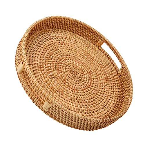 Whalehub Round Rattan Serving Tray with Handles, Hand Woven Basket, Home Decor Organizer Tray for Breakfast, Tea, Snack, Fruit, Coffee,Storage (Large)(14.17inchX2.3inch) - Image 1