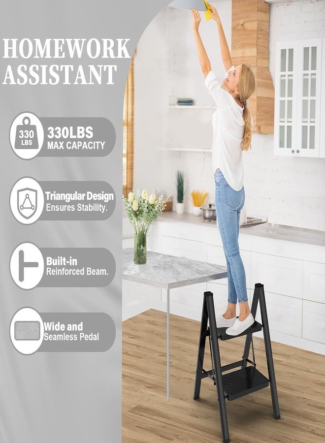 Boniry Compact 2 Step Folding Ladder with Non-Slip Steps | Lightweight & Durable Step Ladder | Perfect for Home, Kitchen, or Office Use - Black Finish - Image 4