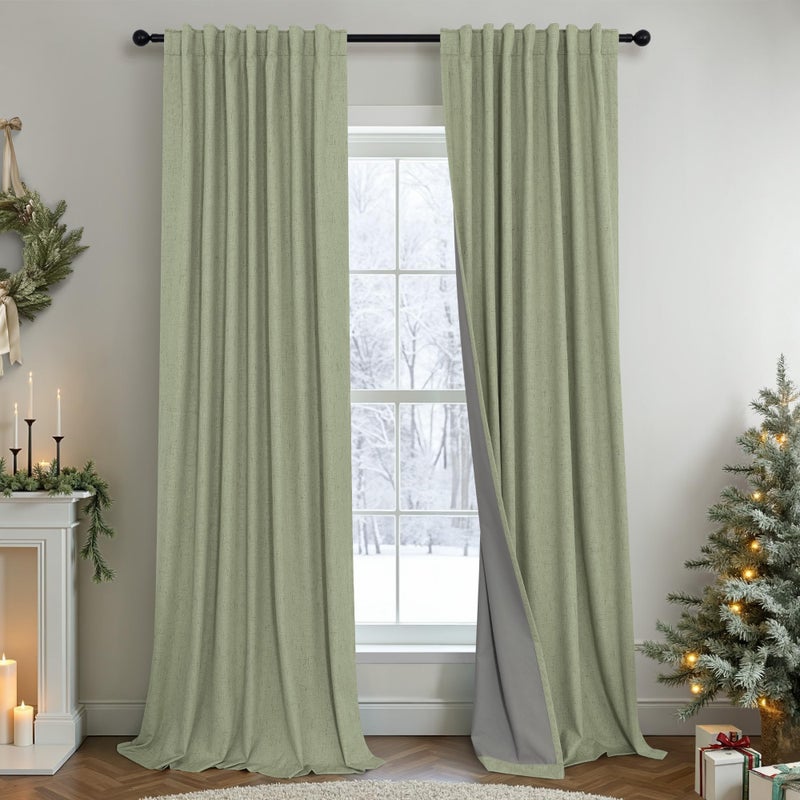 Pitalk Sage Green Boho Blackout Curtains for Bedroom Window 84 Inch Length 2 Panels Set Linen Textured Thermal Insulated Dark Out Room Darkening Light Sage Curtain Drapes for Living Room 52x84 Long Christmas - Image 1
