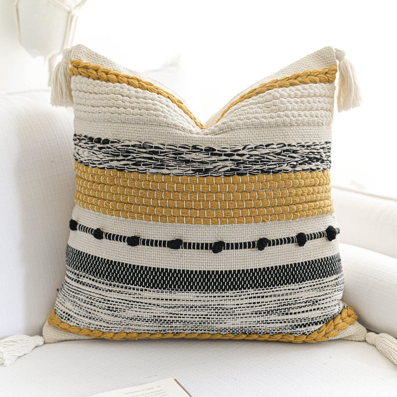 BlissBlush Yellow Mustard Decorative Throw Pillow Cover 20x20 Square Boho Accent Pillowcase Tassels Farmhouse Cushion for Couch Sofa Bedroom Living Room Home DÃ©cor Cover ONLY - Image 1