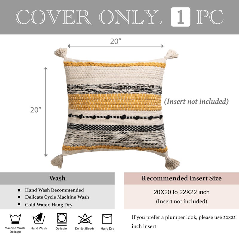 BlissBlush Yellow Mustard Decorative Throw Pillow Cover 20x20 Square Boho Accent Pillowcase Tassels Farmhouse Cushion for Couch Sofa Bedroom Living Room Home DÃ©cor Cover ONLY - Image 4