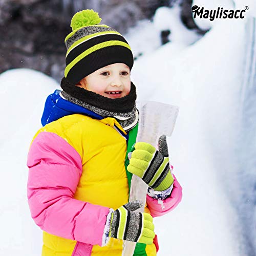 MAYLISACC Winter Boys Hat and Glove Set Knitted for Age 3-6 Toddler Kids Cute Beanies with Pom & Neck Warmer Cold Weather, Green - Image 3