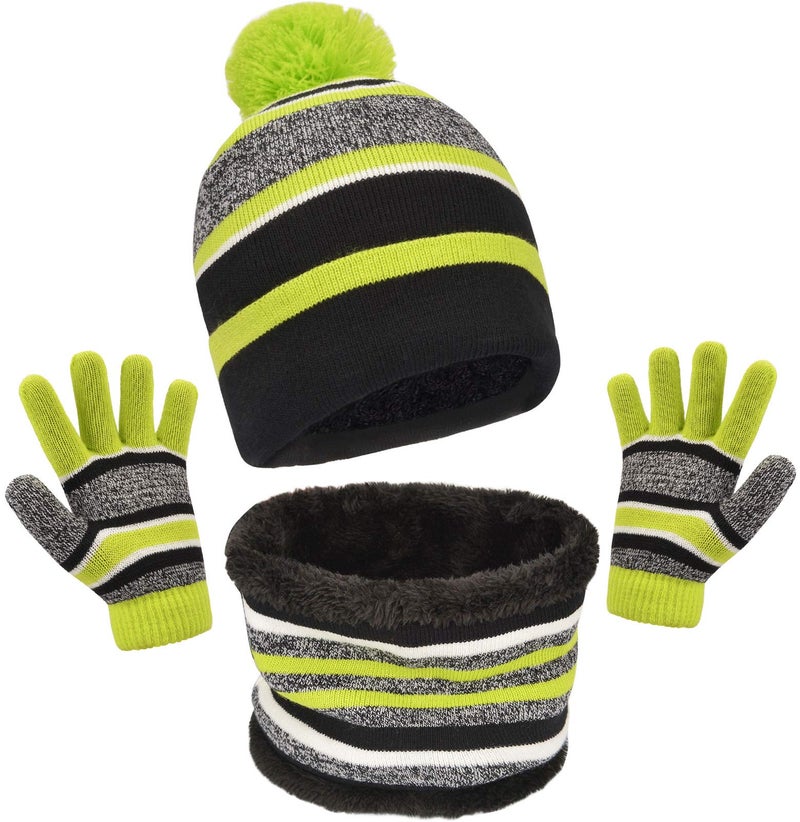 MAYLISACC Winter Boys Hat and Glove Set Knitted for Age 3-6 Toddler Kids Cute Beanies with Pom & Neck Warmer Cold Weather, Green - Image 1