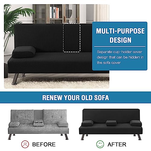 H.VERSAILTEX 4 Pieces Stretch Futon Covers Sofa Bed Slipcover with Removable Armrests and Cupholders Covers Furniture Protector High Spandex Small Checks Jacquard Fabric, Black - Image 5
