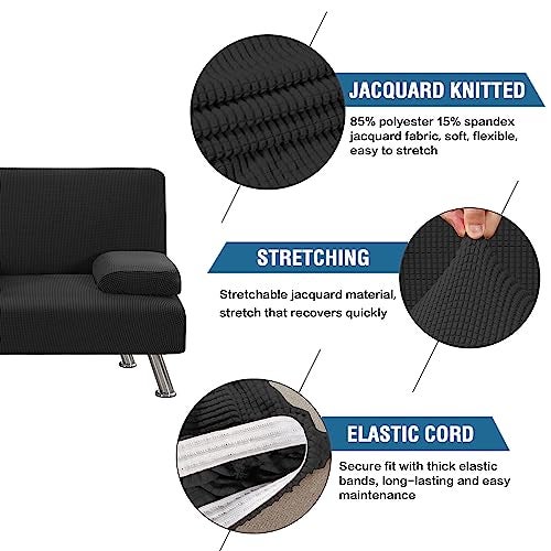 H.VERSAILTEX 4 Pieces Stretch Futon Covers Sofa Bed Slipcover with Removable Armrests and Cupholders Covers Furniture Protector High Spandex Small Checks Jacquard Fabric, Black - Image 4