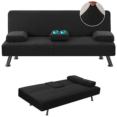 H.VERSAILTEX 4 Pieces Stretch Futon Covers Sofa Bed Slipcover with Removable Armrests and Cupholders Covers Furniture Protector High Spandex Small Checks Jacquard Fabric, Black - Image 1