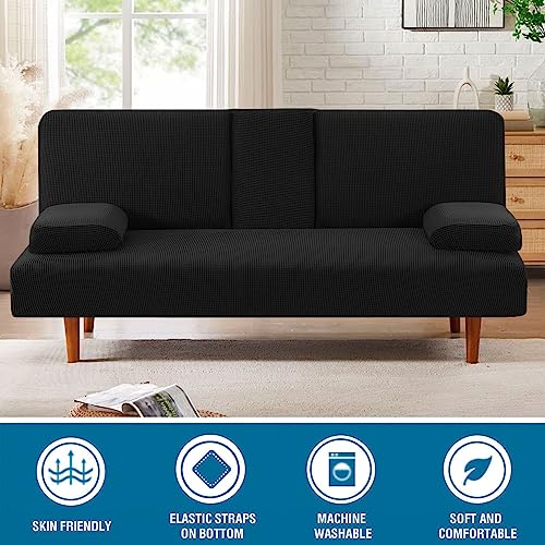 H.VERSAILTEX 4 Pieces Stretch Futon Covers Sofa Bed Slipcover with Removable Armrests and Cupholders Covers Furniture Protector High Spandex Small Checks Jacquard Fabric, Black - Image 3