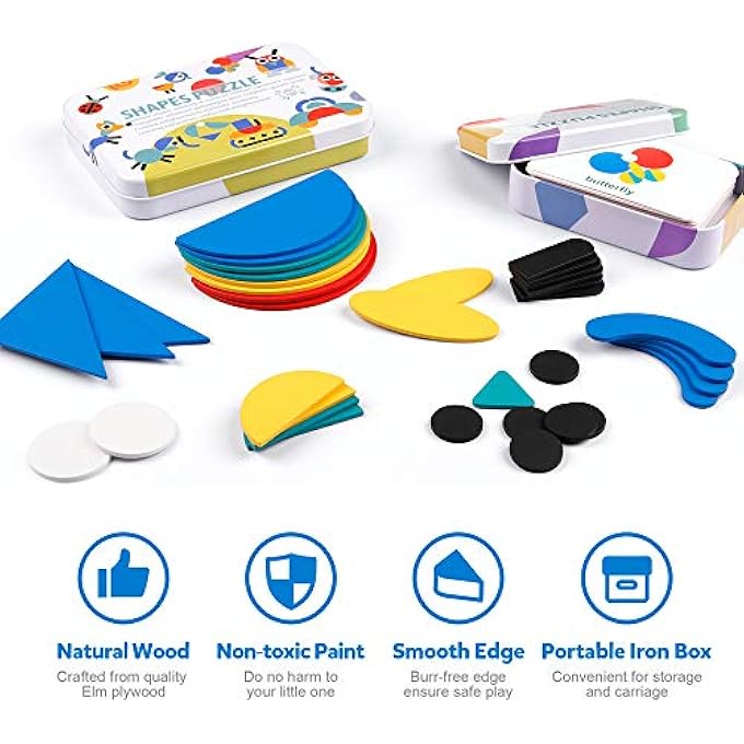 WOODEN PATTERN BLOCKS - TANGRAM SHAPE PUZZLE SET COLOR SORTING STACKING GAME WOOD ANIMAL JIGSAW PRESCHOOL MONTESSORI BRAIN TEASER STEM GIFT FOR 3 4 5 YEARS OLD TODDLER KID (60 PATTERN CARDS) - Image 5