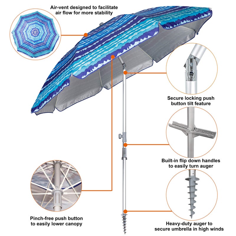 Blissun 7.2' Portable Beach Umbrella with Sand Anchor, Tilt Pole, Carry Bag, Air Vent, Blue & White - Image 2