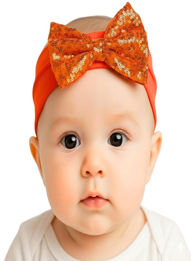 BellaStella 1 Pcs Stylish Baby Headbands for Girls Glitter Sequin Bow Set – Soft & Stretchy Turban Hairbands Comfortable Hair Accessory for Newborn, Infant & Toddlers (ORANGE) - Image 2