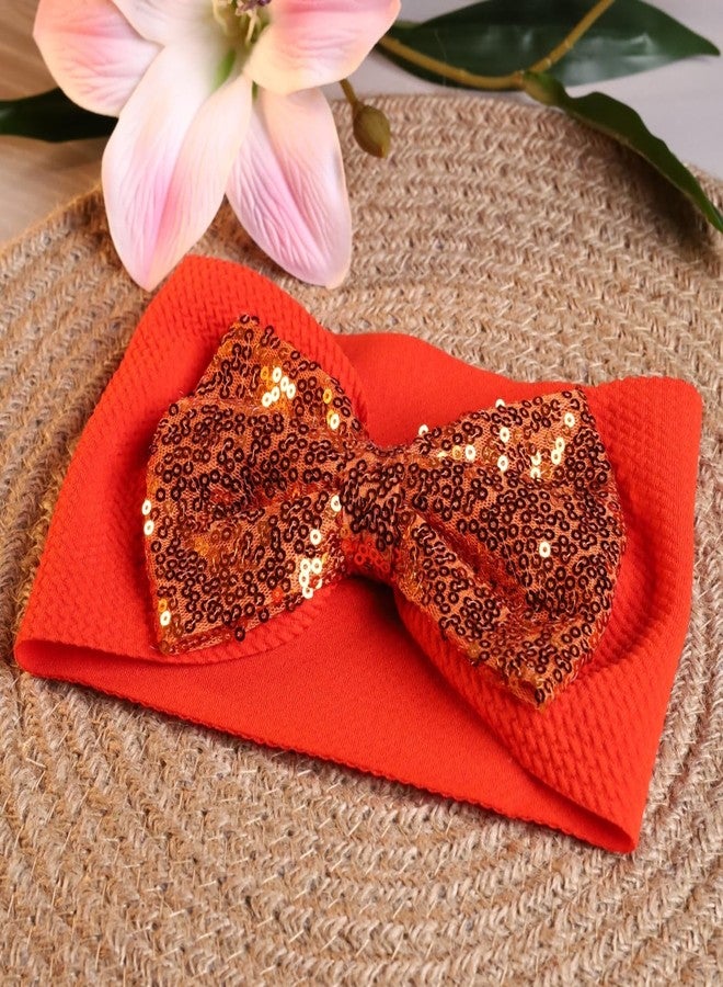 BellaStella 1 Pcs Stylish Baby Headbands for Girls Glitter Sequin Bow Set – Soft & Stretchy Turban Hairbands Comfortable Hair Accessory for Newborn, Infant & Toddlers (ORANGE) - Image 3