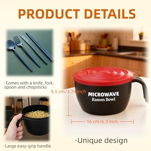Layron Ramen Cooker Bowl - 45 oz Microwaveable Noodle Bowl Ramen in few Minutes- BPA Free and Dishwasher Safe Set with Chopsticks Perfect for Dorm, Small Kitchen, or Officee (black) - Image 5