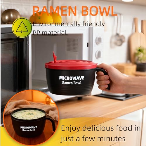 Layron Ramen Cooker Bowl - 45 oz Microwaveable Noodle Bowl Ramen in few Minutes- BPA Free and Dishwasher Safe Set with Chopsticks Perfect for Dorm, Small Kitchen, or Officee (black) - Image 4