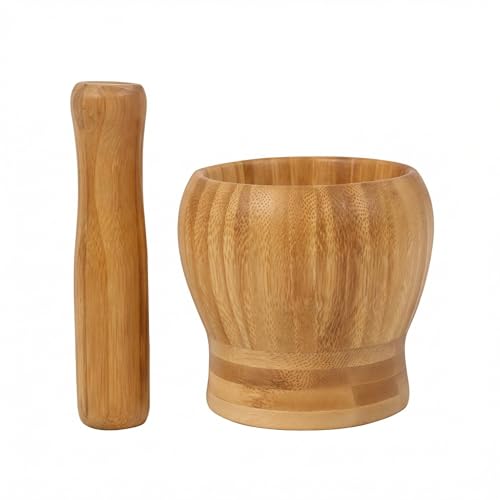ASTRQLE 1Sets 394Bowl with Pestle Bamboo Household Garlic Pepper Spice Pounder Mortar and Pestle Press Fruit Crusher Stamp for Kitchen Tool Set Diameter394 - Image 1
