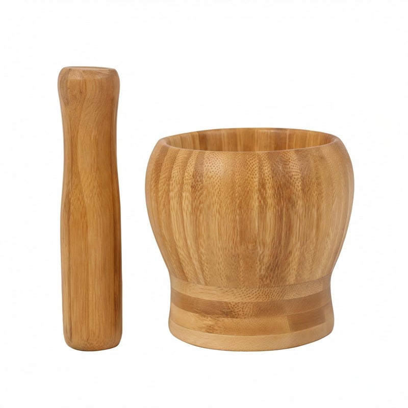 ASTRQLE 1Sets 394Bowl with Pestle Bamboo Household Garlic Pepper Spice Pounder Mortar and Pestle Press Fruit Crusher Stamp for Kitchen Tool Set Diameter394 - Image 2