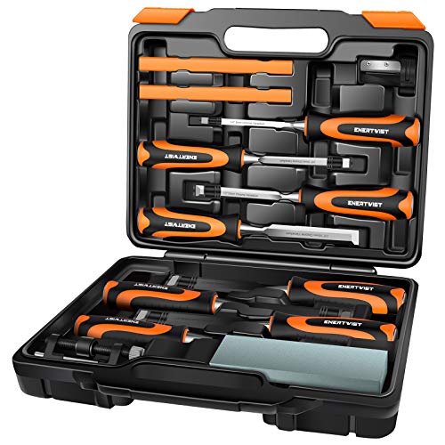 ENERTWIST 13pcs Wood Chisel Set, Premium Woodworking Chisel Sets w/ 8 CRV Construction Wood Chisels, 1 Sharpening Stone, 1 Honing Guide, 2 Carpenter Pencils, 1 Sharpener for Wood Carving in Hard Case - Image 1