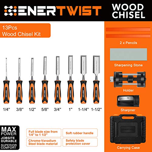 ENERTWIST 13pcs Wood Chisel Set, Premium Woodworking Chisel Sets w/ 8 CRV Construction Wood Chisels, 1 Sharpening Stone, 1 Honing Guide, 2 Carpenter Pencils, 1 Sharpener for Wood Carving in Hard Case - Image 2