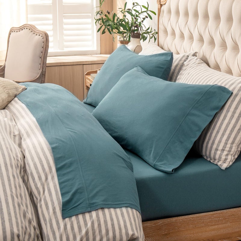 PURE ERA PURE ERA Jersey Knit 3pc Bed Sheet Set 100% T-Shirt Cotton Super Soft Comfy Breathable Fits Mattress Up to 20"" Extra Deep Pocket (Solid Cerulean Blue Twin)  - Image 1
