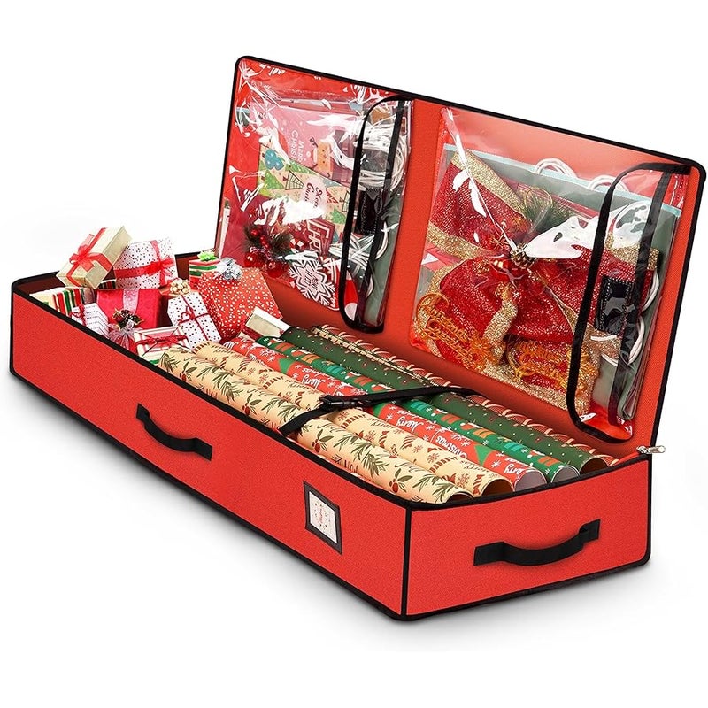 HikooLSS Wrapping Paper Organizer Storage Container 600D Heavy Duty Tear Proof for Holiday  Gift Wrapping Storage with Flexible Partitions Storage Container for Ribbon, Accessories (Red) - Image 1