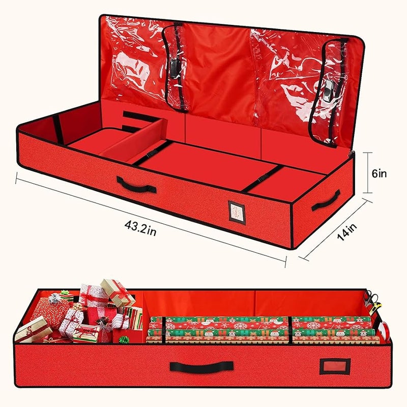 HikooLSS Wrapping Paper Organizer Storage Container 600D Heavy Duty Tear Proof for Holiday  Gift Wrapping Storage with Flexible Partitions Storage Container for Ribbon, Accessories (Red) - Image 3