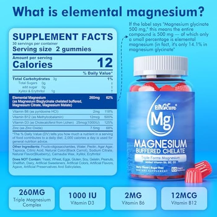 EnvyCure Magnesium Gummies - Triple Magnesium Complex, Magnesium Glycinate Gummies | Magnesium Glycinate, Malate, Citrate w/ D3 B6 B12, for Calm, Sleep & Muscle Cramp | High Absorption | Vegan, 2 Pack - Image 2