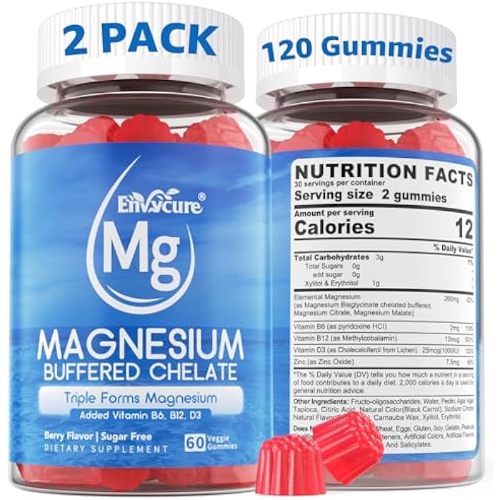 EnvyCure Magnesium Gummies - Triple Magnesium Complex, Magnesium Glycinate Gummies | Magnesium Glycinate, Malate, Citrate w/ D3 B6 B12, for Calm, Sleep & Muscle Cramp | High Absorption | Vegan, 2 Pack - Image 1