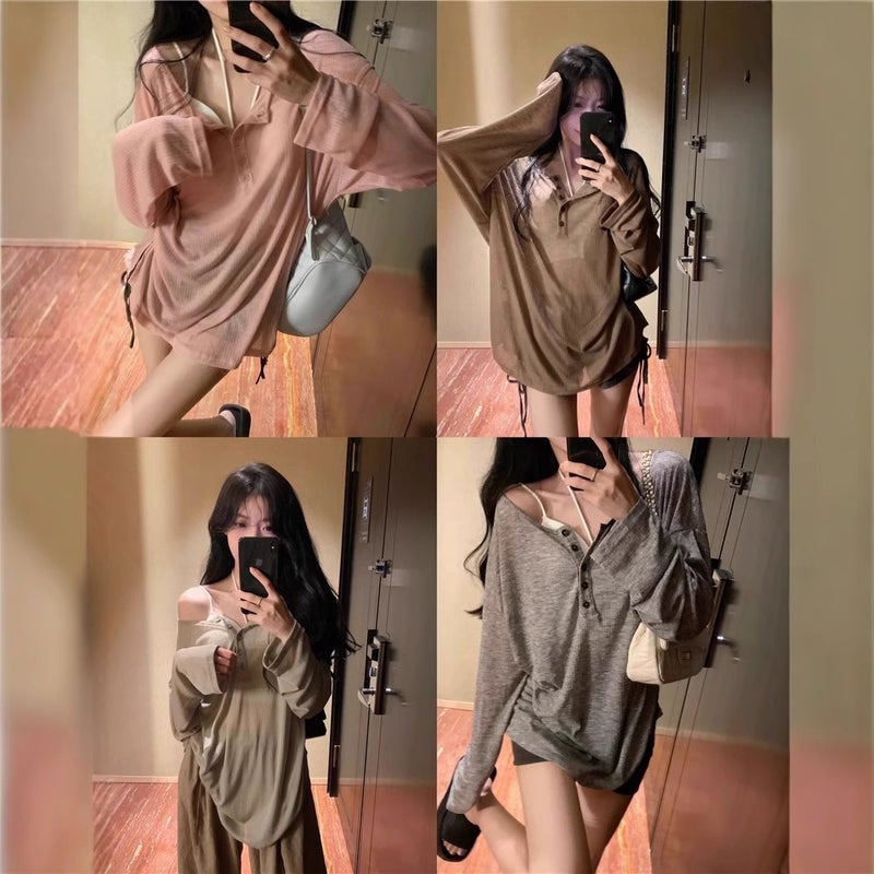 [Original fabric] Summer thin pure wind long sleeve sunscreen T-shirt womens lazy wind loose V-neck blouse top Pink - Image 3