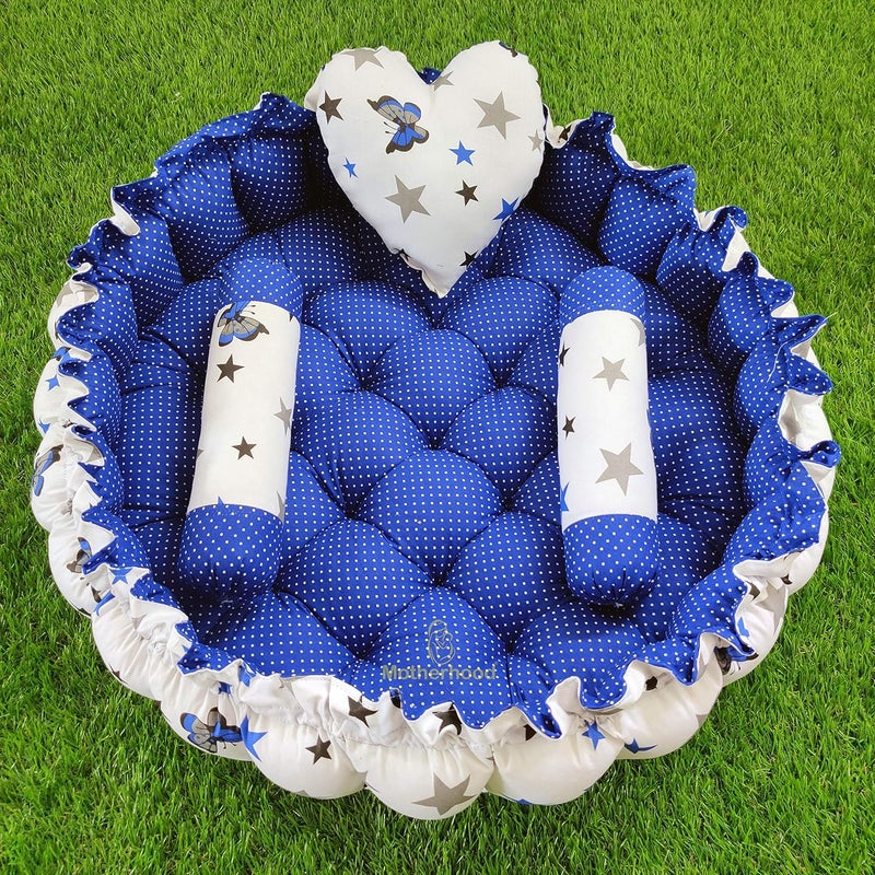 MOTHERHOOD MOTHERHOOD Round Baby Tub Bed 3 pc Baby Pillow Luxury Mattress Bed Sleeper Bedding Set coSleeper Safe Cotton Fabric with RFilled UltraSoft Comfortable for Newborn to Toddlers Blue - Image 1