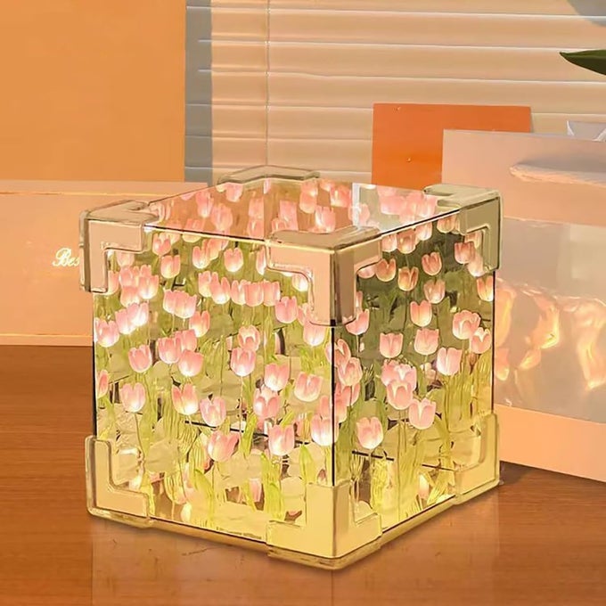 TULIP CUBE MIRROR LAMP 30 FLOWERS LED DECORATIVE LAMP 2 IN 1 MIRROR TABLE ORNAMENT FOR BEDROOM LIVINGROOM DESKTOP DECOR DIY BIRTHDAY GIFT