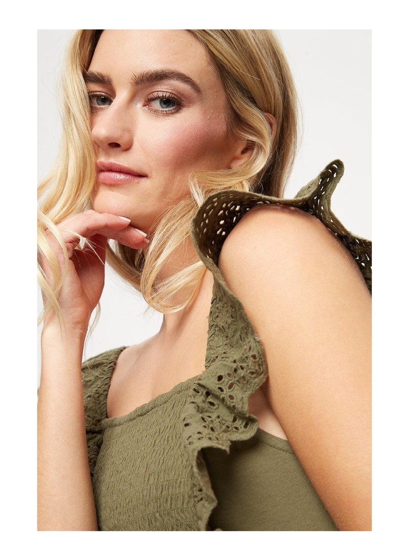 DOROTHY PERKINS - Khaki Shirred Broderie Trim Vest - Image 1