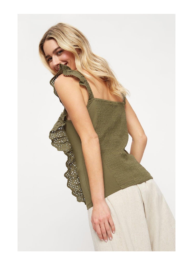 DOROTHY PERKINS - Khaki Shirred Broderie Trim Vest - Image 1
