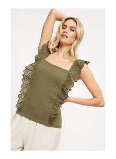 Khaki Shirred Broderie Trim Vest