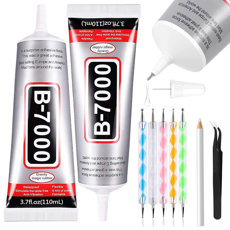 B7000 Adhesive Rhinestones Glue for Crafts 2PCS 110ml 37 fl oz with 5 Dotting Pen Tool Wax Pencil and Tweezer Jewelry Glue for DIY Craft Makeup Shoes Jewelry Making Nail Art