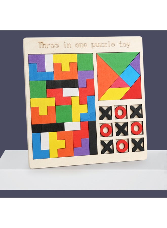 Wooden Children's Puzzle Tetris Tangram Game Chess Three-in-One Puzzle Building Blocks Early Education Toy Building Blocks-Color:Honeycomb Shape Matching 4-in-1 - Image 3