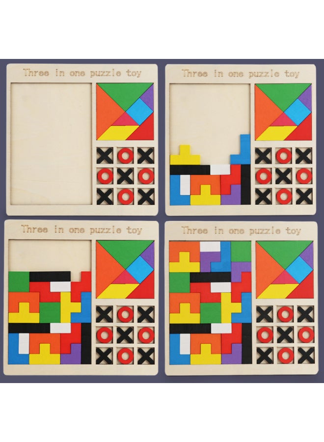 Wooden Children's Puzzle Tetris Tangram Game Chess Three-in-One Puzzle Building Blocks Early Education Toy Building Blocks-Color:Honeycomb Shape Matching 4-in-1 - Image 5