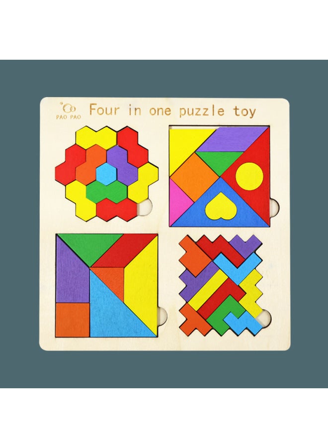 Wooden Children's Puzzle Tetris Tangram Game Chess Three-in-One Puzzle Building Blocks Early Education Toy Building Blocks-Color:Honeycomb Shape Matching 4-in-1 - Image 1