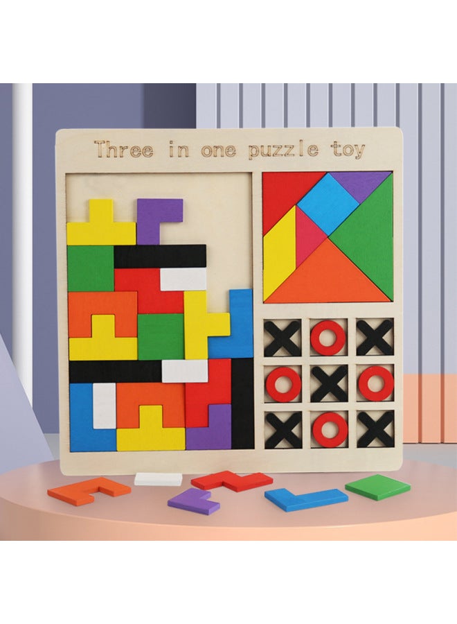 Wooden Children's Puzzle Tetris Tangram Game Chess Three-in-One Puzzle Building Blocks Early Education Toy Building Blocks-Color:Honeycomb Shape Matching 4-in-1 - Image 2