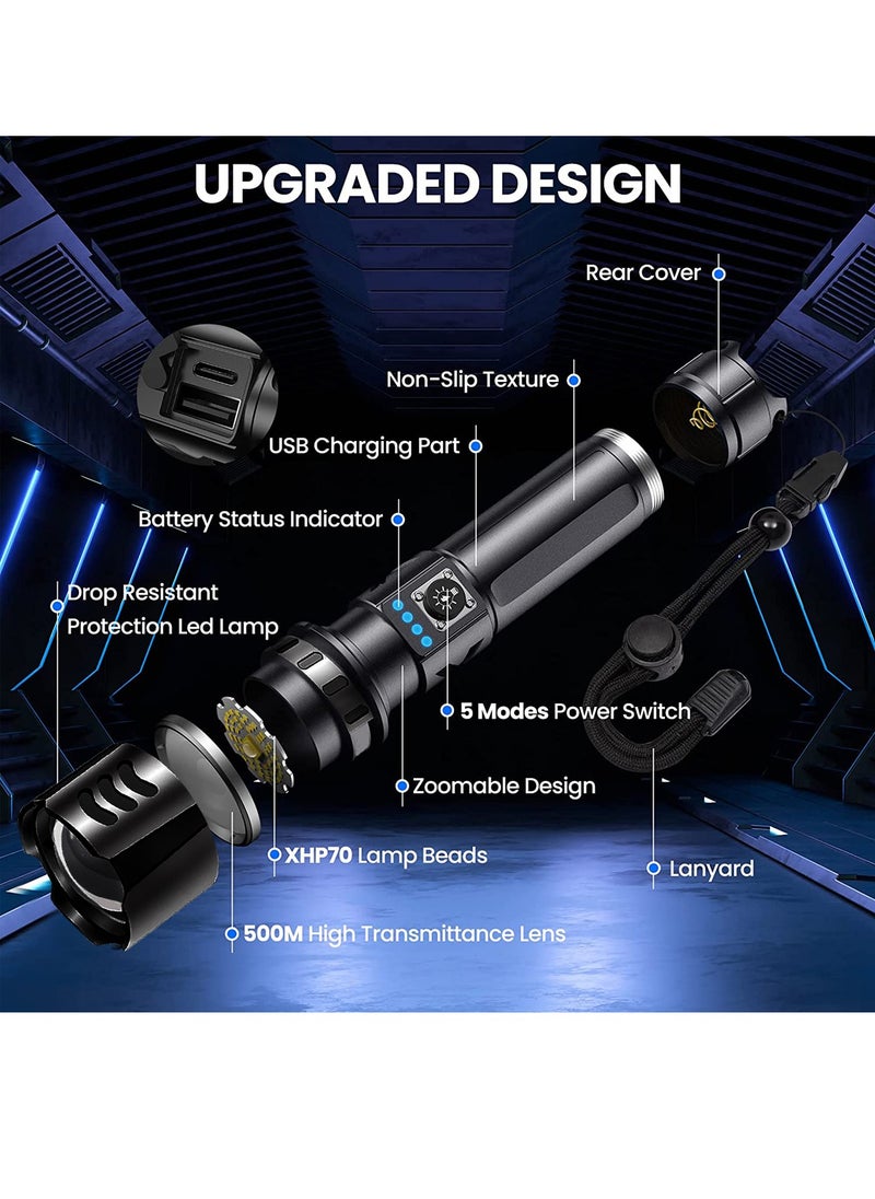 Uwals - Flashlights High Lumens Rechargeable, LED Small Tactical XHP70.2 Battery Powered Flash Light, Powerful Pocket Flashlights for Emergency Camping Hiking Waterproof Zoomable - Image 1