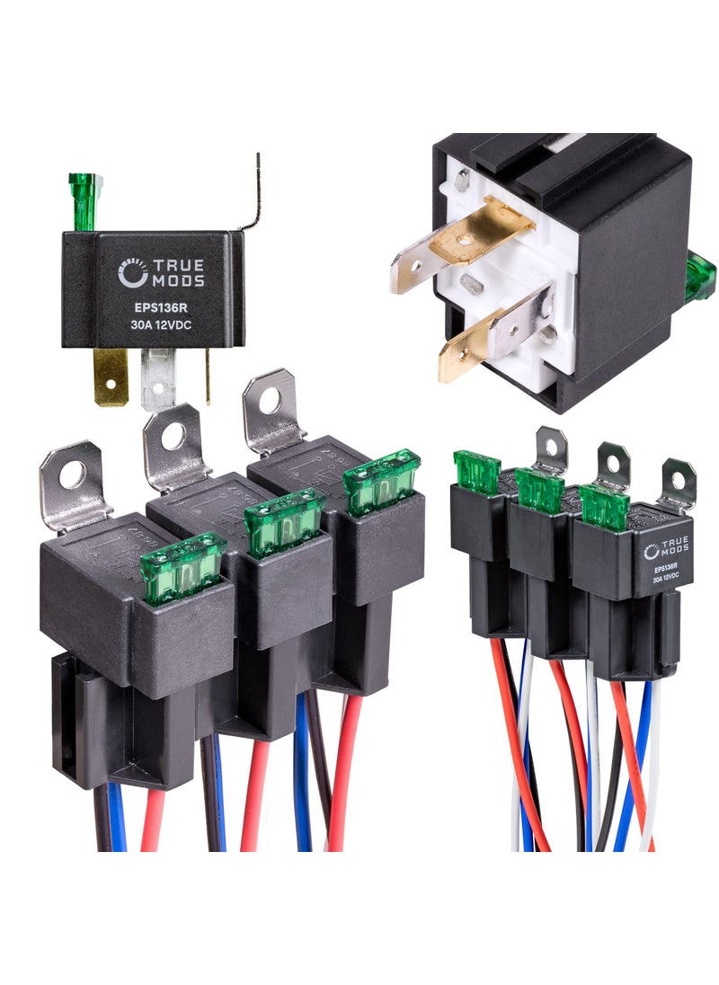 ONLINE LED STORE True MODS 6 Pack 4-Pin 12V Bosch Style Fused Relay Switch Kit [Interlocking Harness Socket Holder] [14 AWG Hot Wires] [SPST] [30 Amp] 12 Volt Automotive relays with Fuse for Auto Cars  - Image 1