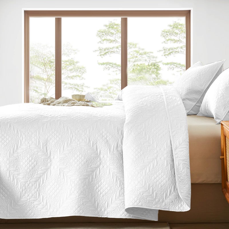 FLYMME Full/Queen Size Quilt Bedding Set White Lightweight Microfiber Soft Bedspread Retro Botanical Floral Leaf & Geometric Grid Pattern Coverlet Set for All Seasons 3-Piece(1 Quilt 2 Pillow Shams) - Image 3