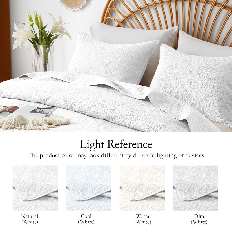 FLYMME Full/Queen Size Quilt Bedding Set White Lightweight Microfiber Soft Bedspread Retro Botanical Floral Leaf & Geometric Grid Pattern Coverlet Set for All Seasons 3-Piece(1 Quilt 2 Pillow Shams) - Image 4
