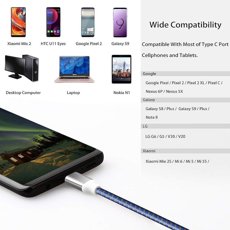【3-Pack】USB to USB C CABLE (10ft),  Extra Long Nylon Braided Durable USB Type C Cables Fast charging Sync Compatible with Galaxy S9/S8, Moto Z2, LG V30/G6, Nokia N1 and More (Blue/Purpl - Image 5