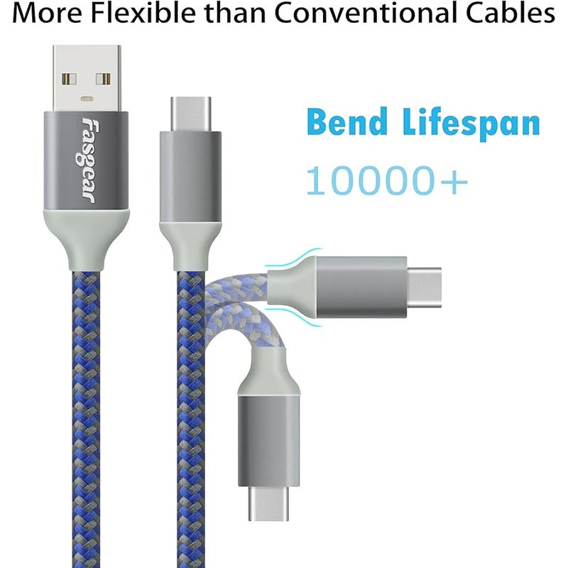 【3-Pack】USB to USB C CABLE (10ft),  Extra Long Nylon Braided Durable USB Type C Cables Fast charging Sync Compatible with Galaxy S9/S8, Moto Z2, LG V30/G6, Nokia N1 and More (Blue/Purpl - Image 2
