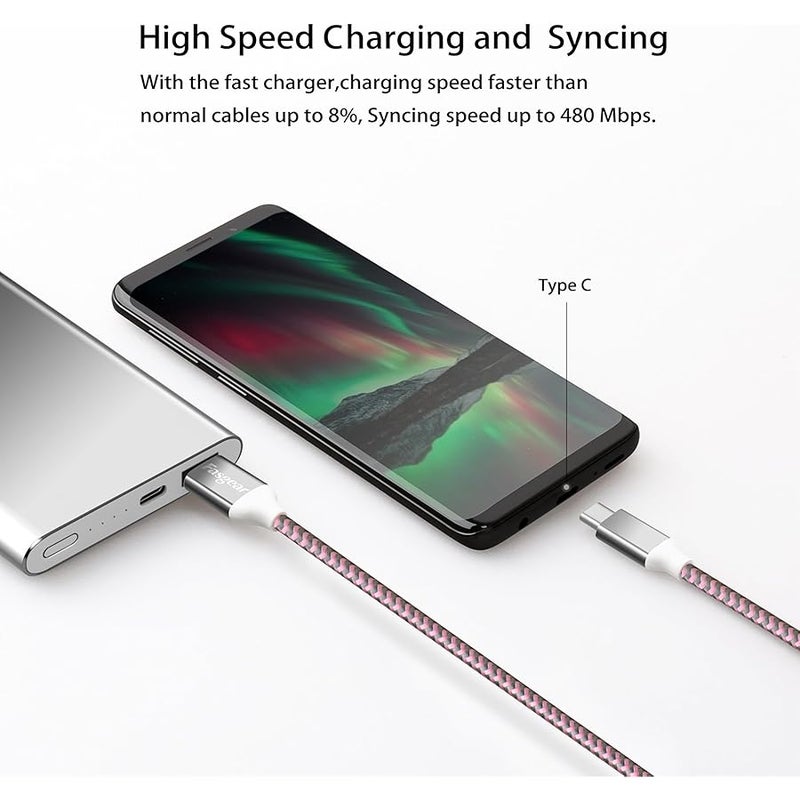 【3-Pack】USB to USB C CABLE (10ft),  Extra Long Nylon Braided Durable USB Type C Cables Fast charging Sync Compatible with Galaxy S9/S8, Moto Z2, LG V30/G6, Nokia N1 and More (Blue/Purpl - Image 4