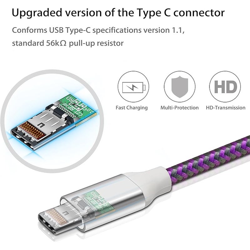 【3-Pack】USB to USB C CABLE (10ft),  Extra Long Nylon Braided Durable USB Type C Cables Fast charging Sync Compatible with Galaxy S9/S8, Moto Z2, LG V30/G6, Nokia N1 and More (Blue/Purpl - Image 3
