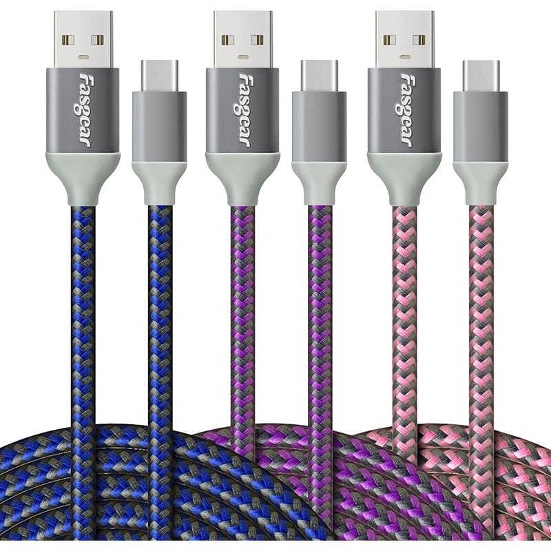 【3-Pack】USB to USB C CABLE (10ft),  Extra Long Nylon Braided Durable USB Type C Cables Fast charging Sync Compatible with Galaxy S9/S8, Moto Z2, LG V30/G6, Nokia N1 and More (Blue/Purpl - Image 1