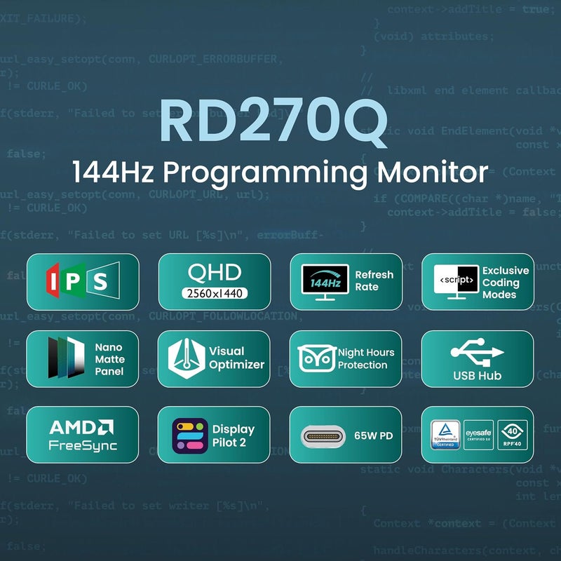 BenQ RD270Q 27 inch 2K 144hz Programming Monitor, Nano Matte Panel, Coding Modes, 65W USB-C, Night Hours Protection, Ergonomic Design, and Eye-Care Solution black - Image 3